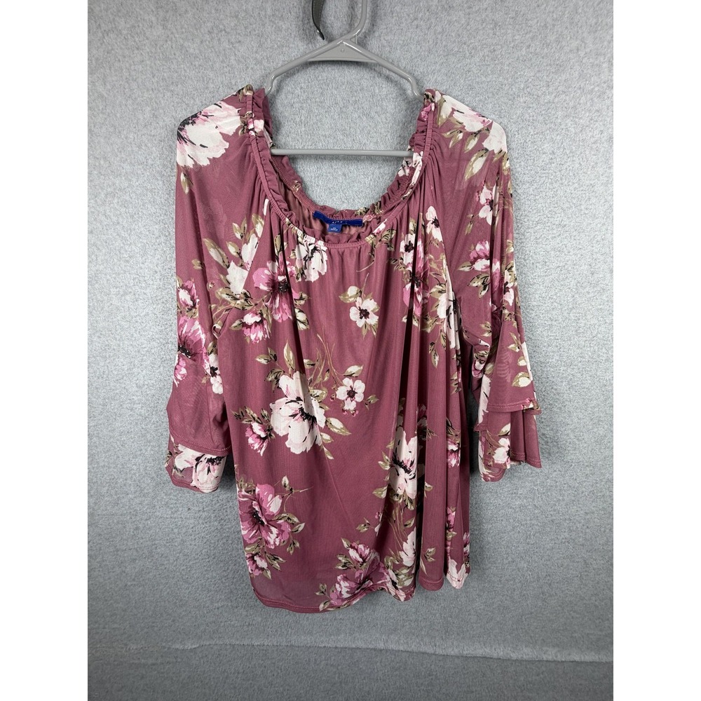 APT.9‎ Blouse Womens XL Pink Floral 3/4 Bell Sleeve Scoop Neck Tunic Top Stretch